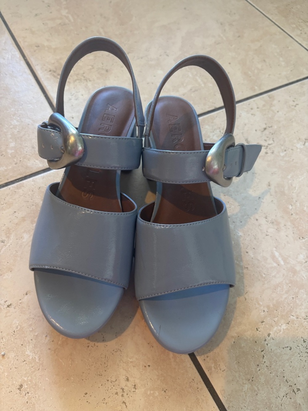 AEROSOLES Light Blue Leather Slingback Sandals with Buckle